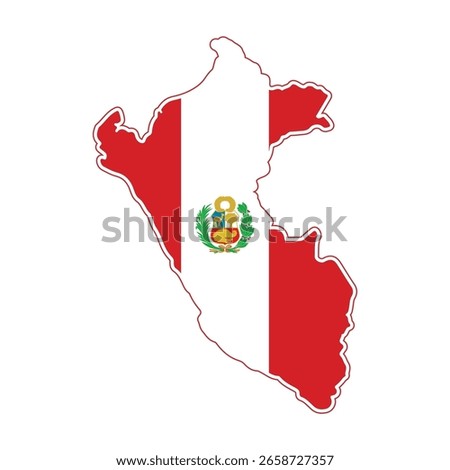 This image shows the country of Peru, outlined and filled with its national flag. The coat of arms is placed in the center, symbolizing the nation's identity and rich cultural heritage.