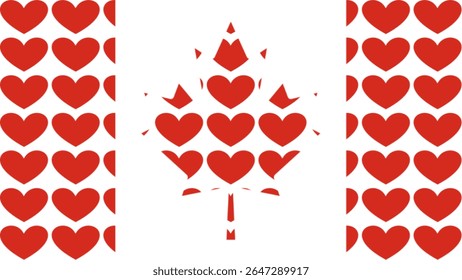 This image shows a creative version of the Canadian flag made entirely of red heart shapes, symbolizing love, unity, and national pride. A maple leaf is beautifully formed with heart icons.

