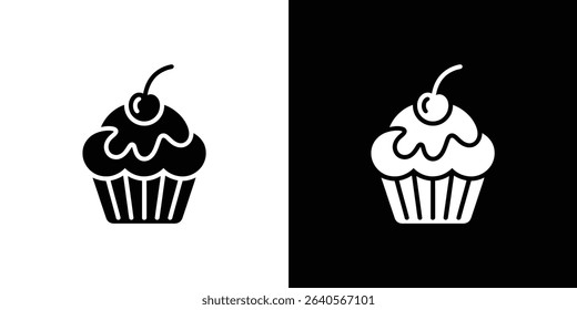 This image shows a cupcake icon on a split black and white background. The cupcake is topped with frosting and a cherry, depicted in simple vector style.