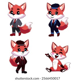 This image shows a cute cartoon fox character in four poses. The fox is red with a fluffy tail and wears stylish suits in gray, blue, and brown, with hats in some. In one pose, it sits happily pointin