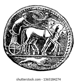 This image shows the Damareteion coin. On the surface of the coin is the rider along with the pair of horses. The lower part consists of a lion, vintage line drawing or engraving illustration.