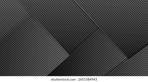 Esta imagem mostra quadrados e triângulos listrados em cinza escuro e preto sobrepostos, criando um padrão geométrico texturizado com sombras e gradientes sutis para um design moderno e elegante