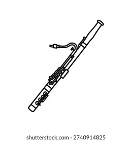 This image shows a detailed black and white line drawing of a clarinet, a woodwind musical instrument. It is depicted at an angle, highlighting its body, keys, and mouthpiece. The clarinet is shown in a closed position, without any additional accessories.
