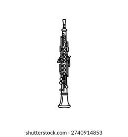 This image shows a detailed black and white line drawing of a clarinet, a woodwind musical instrument. The clarinet features a cylindrical bore, a bell, and multiple keys along its body, which are essential for producing a range of musical notes. The drawing emphasizes the instrument's elegant design and structure.