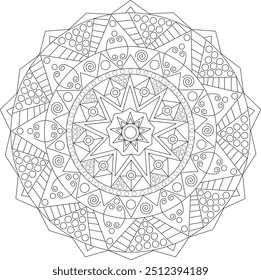 This image shows a detailed geometric mandala with concentric circles and intricate patterns. The design includes various shapes such as triangles, dots, and swirls.