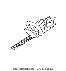 This image shows a detailed line drawing of a handheld electric hedge trimmer. The device features a looped handle for easy gripping, a blade with sharp teeth for cutting, and a compact design suitable for trimming hedges and bushes. The trimmer appears to be cordless, implying battery-powered operation.