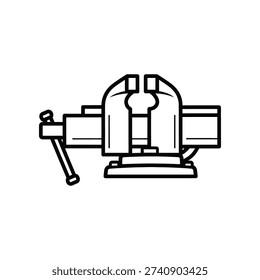 This image shows a detailed line drawing of a traditional bench vice, typically used in woodworking or metalworking. The vice is mounted on a sturdy base and features a handle for tightening and loosening the jaws. A hammer is resting on the vice, indicating its use in mechanical or manual work tasks. The illustration is in monochrome, focusing on the essential design elements without color distraction.