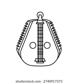 This image shows a detailed line drawing of a lyre, an ancient string instrument. The lyre features two circular resonating bodies connected by a crossbar, with seven strings extending from tuning pegs at the top. The design includes decorative elements such as coiled strings and a central bridge. The instrument is oriented vertically, emphasizing its symmetrical and elegant structure, often associated with classical mythology and ancient Greek culture.