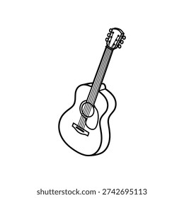 This image shows a detailed line drawing of a classic acoustic guitar viewed from a three-quarter angle. The guitar has six strings, a round sound hole, and a simple, clean design with visible tuning pegs on the headstock. The drawing emphasizes the instrument's shape and structure without additional decorative elements.