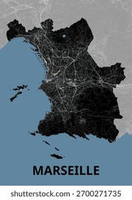Esta Imagen muestra un mapa detallado de Marsella, Francia. El contorno de la ciudad está lleno de una red de calles y áreas urbanas en blanco y negro, en contraste con el mar azul y la tierra gris circundante