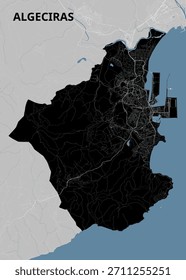Esta Imagen muestra un mapa detallado de Algeciras. El trazado de la ciudad está representado en negro, con carreteras y áreas urbanas claramente visibles. La tierra circundante se muestra en gris claro