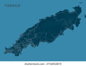 Esta imagem mostra um mapa detalhado de Tobago Island. A ilha é renderizada em uma cor azul-petróleo escuro, com linhas de azul-petróleo mais claras delineando estradas e características geográficas.