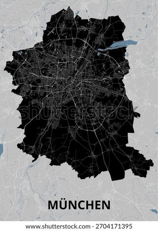 This image shows a detailed map of München (Munich), Germany. The city's layout is depicted in black against a light gray background, with roads and waterways represented by thin white and blue lines