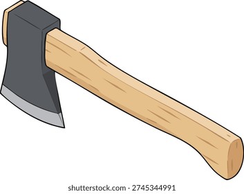 This image shows a detailed vector illustration of an axe featuring a wooden handle and a sharp metal blade, ideal for outdoor activities and woodworking projects. Practical and sturdy.