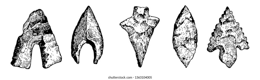 This Image Shows The Different Arrow Points Of The Stone Age. That Arrowhead With Different Types Of Shape, Vintage Line Drawing Or Engraving Illustration.