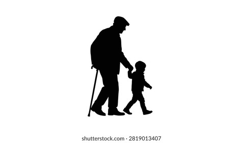 This image shows an elderly man and a young child walking, rendered as a solid black silhouette. The figures are isolated on a white background, emphasizing the silhouette style and stark contrast.