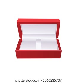 This image shows an elegant red jewelry gift box
 with a white interior. The box is open, revealing a soft, 
cushioned interior designed to hold and display 
jewelry items such as rings,
 necklaces
