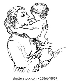 Esta imagem mostra um carinho de mãe por seu filho nesta imagem mãe está abraçando seu bebê, vintage desenho linha ou gravura ilustração.