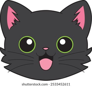 Esta Imagen muestra la cara de un gato negro de dibujos animados con una expresión alegre, ojos Grandes, orejas rosadas y una boca amplia y sonriente. El gato se ve adorable.