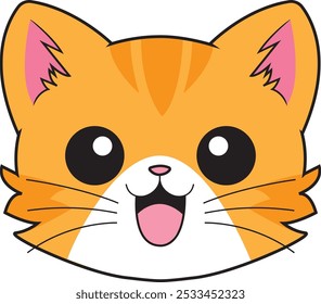 Esta Imagen muestra la cara de un gato de dibujos animados naranja con una expresión alegre, ojos Grandes, orejas rosadas y una boca amplia y sonriente. El gato se ve adorable.