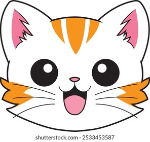 Esta Imagen muestra la cara de un gato de dibujos animados blanco y naranja con una expresión alegre, ojos Grandes, orejas rosadas y una boca amplia y sonriente. El gato se ve adorable.