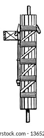 This image shows the Fasces of a Roman Magistrate. It has the rectangular shape. The form is full of lines, vintage line drawing or engraving illustration.