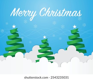 This image shows a festive Christmas card design with the text “Merry Christmas” written in a cursive white font across the top. The background is a bright blue with subtle snowflakes.