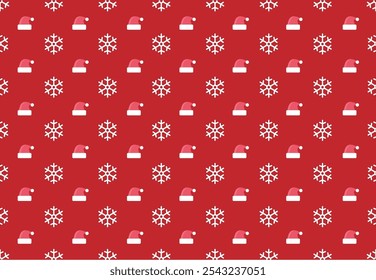 This image shows a festive pattern with a red background, decorated with repeating white snowflakes and Santa hats. The Santa hats are simple, featuring a red top with a white brim.