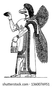 Esta imagen muestra la figura de Dios. Este es el dios asirio de la agricultura. Dios está junto con las alas, el dibujo vintage o la ilustración grabadora.