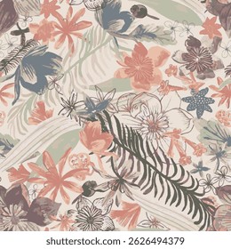 This image shows a floral pattern with a variety of flowers and leaves in different colors. The style is reminiscent of watercolor or ink wash, with some outlines and details in darker colors. 