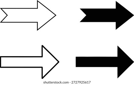 This image shows four arrows pointing to the right. Two arrows are filled solid black, while the other two are white outlines, isolated on white.