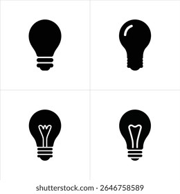 Esta imagem mostra quatro ícones de lâmpadas pretas em um fundo branco, diferentes estilos de lâmpadas apresentadas na tela branca, representando ideias e inovação.