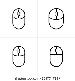This image shows four computer mouse icons with a minimalist black outline design. The mice are arranged in a quadrant pattern against a plain white background.