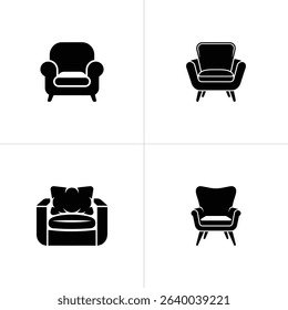 This image shows four different armchair icons in black and white. It features simple, minimalist designs, perfect for use in graphic design projects, UI elements, or presentations.