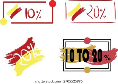 This image shows four discount tags with brush strokes. The tags are red, yellow, and black. They offer discounts of 10% and 20%. Isolated on a white background.
