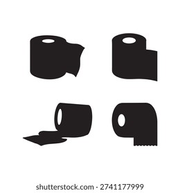 This image shows four distinct styles of toilet paper rolls arranged in a 2x2 grid. The top row features two standard cylindrical rolls, while the bottom row displays one roll with a partial unravel and another with a perforated edge design. The visual is presented in a monochromatic black and white silhouette format, emphasizing the shapes and structures.