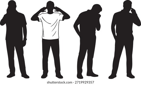 Dieses Bild zeigt vier Ganzkörper-Silhouettenfiguren in verschiedenen Posen, von denen einer ein Telefon an seinem Ohr hält, einer seine Hände an seinem Kopf hält, einer in Gedanken nach unten schaut.