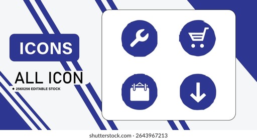 This image shows four icons in circles: a wrench, a shopping cart, a suitcase, and a download arrow.