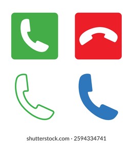 This image shows four simple phone icons in different colors representing various call statuses: green for incoming call, red for no call, and blue for busy, with a white outline.