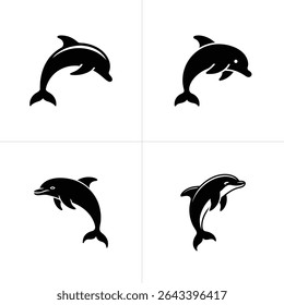 This image shows four simple black dolphin silhouettes leaping upwards against a plain white background, creating a clean, minimalist design with a nautical theme.