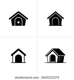 This image shows four simplistic, black-and-white dog house icons, each with a unique door design, set against a stark white background. Clean, graphic icons of canine shelters.