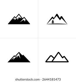 This image shows four variations of a mountain icon in black. Designs include solid mountain shapes and outlined mountains, one with a single pine tree illustration.