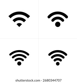 Esta Imagen muestra cuatro variaciones de un símbolo de WiFi en negro sobre un fondo blanco. Los iconos representan el acceso inalámbrico a Internet y diferentes potencias de señal o conectividad.