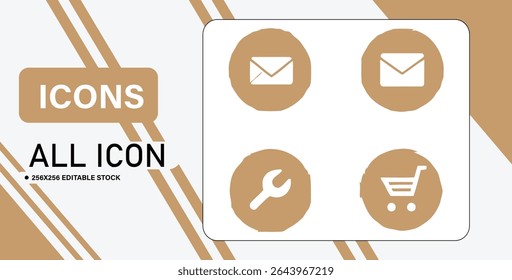 This image shows four white icons on tan circles, including email, a wrench, and a shopping cart.
