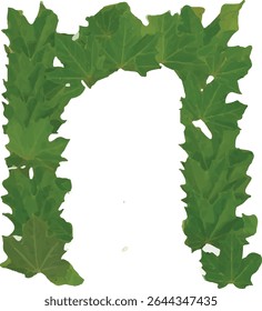 This image shows a frame shaped like the letter "n" formed by numerous overlapping green leaves, creating a natural and organic border on a white background.