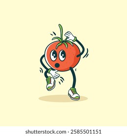 This image shows a fun cartoon illustration of a tomato character dancing and looking surprised.