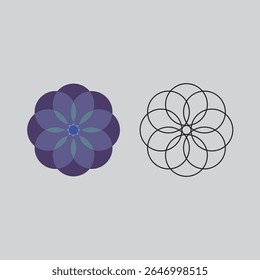 Esta imagem mostra um design de flor geométrica em dois estilos, um com formas sobrepostas preenchidas e o outro com contornos de traçado limpos.