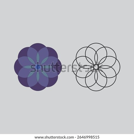 This image shows a geometric flower design in two styles one with filled overlapping shapes and the other with clean stroke outlines.