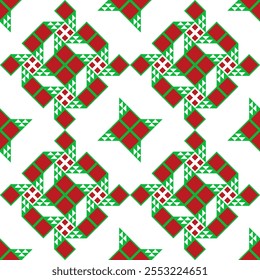 This image shows a geometric pattern with red and green diamonds, squares, and triangles arranged in an intricate design. The festive color palette resembles holiday decor.Vector seamless christmas