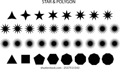 This image shows geometric shapes and stars with varying numbers of points. Starting from the top row, there is a star with only one point, progressing to the bottom row where the stars have five poin